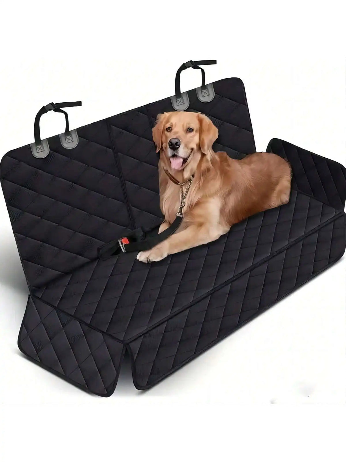 Hunde-Autoschondecke in Schwarz auf der Rücksitzbank, mit Hund darauf