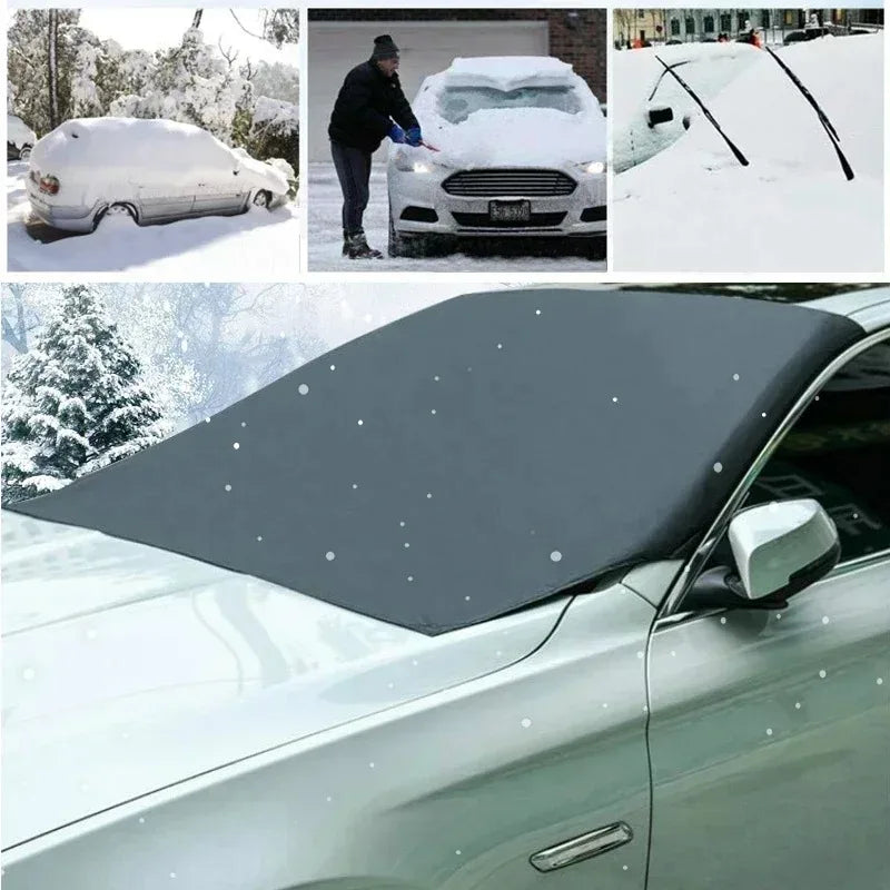 Frontscheibenabdeckung auf einem Auto im Schnee, daneben unbedeckte Fahrzeuge