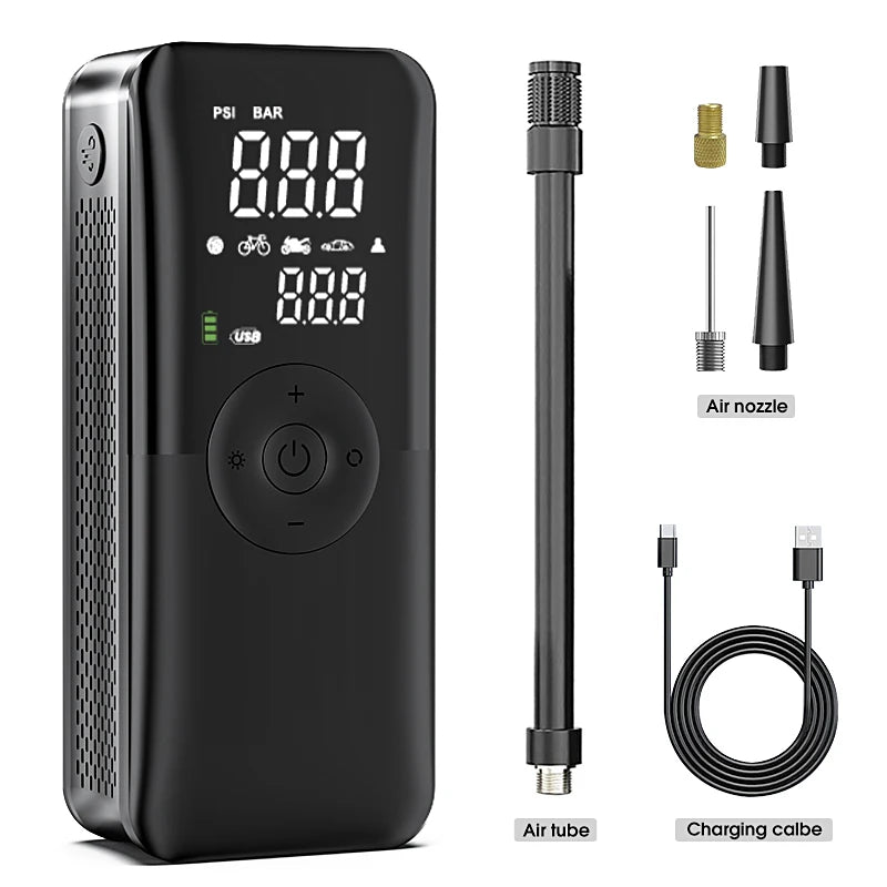 Akku-Reifenkompressor mit Verlängerungsschlauch, Messing-Adapter, Ballnadel, Kegeldüse und USB-C-Kabel