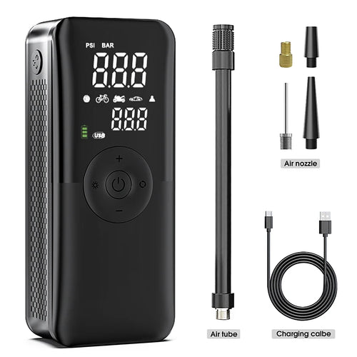 Akku-Reifenkompressor mit Verlängerungsschlauch, Messing-Adapter, Ballnadel, Kegeldüse und USB-C-Kabel