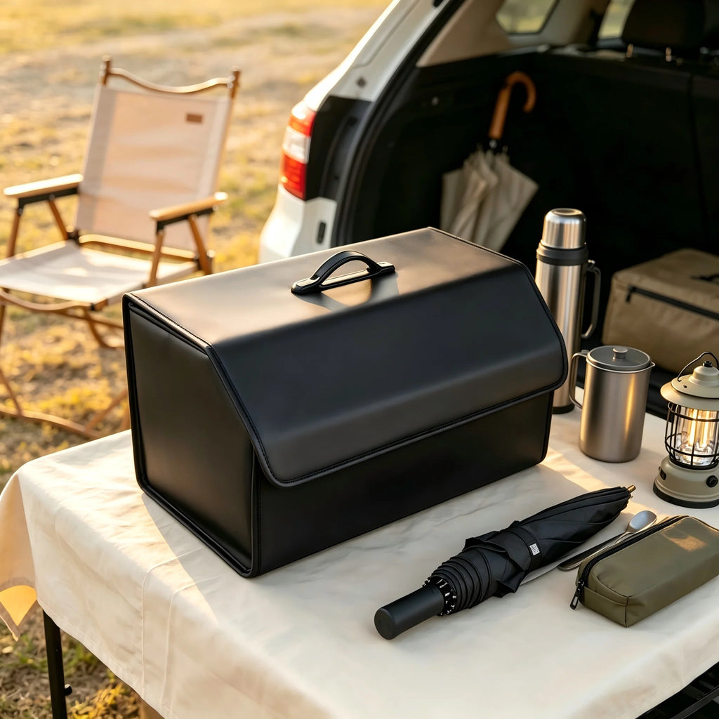Kofferraum-Organizer beim Camping neben Thermoskanne und Ausrüstung