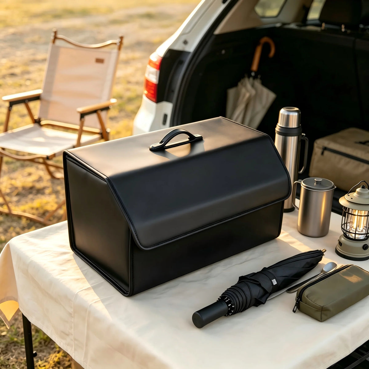 Kofferraum-Organizer beim Camping neben Thermoskanne und Ausrüstung