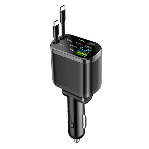 Auto-Ladegerät mit zwei einziehbaren USB-C-Kabeln und Spannungsanzeige