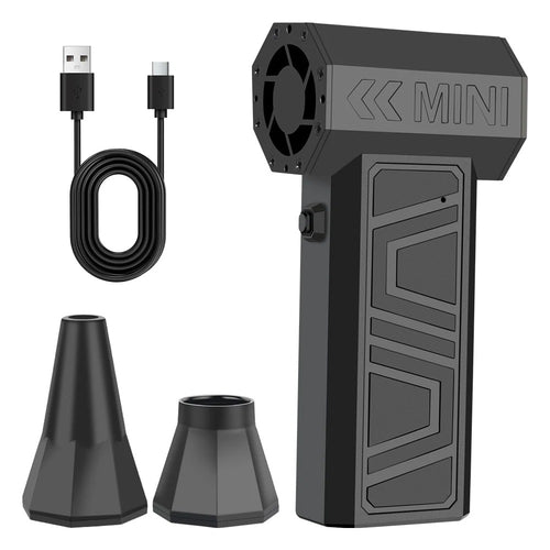Akku-Luftgebläse in Schwarz mit USB-C-Kabel und zwei Aufsätzen