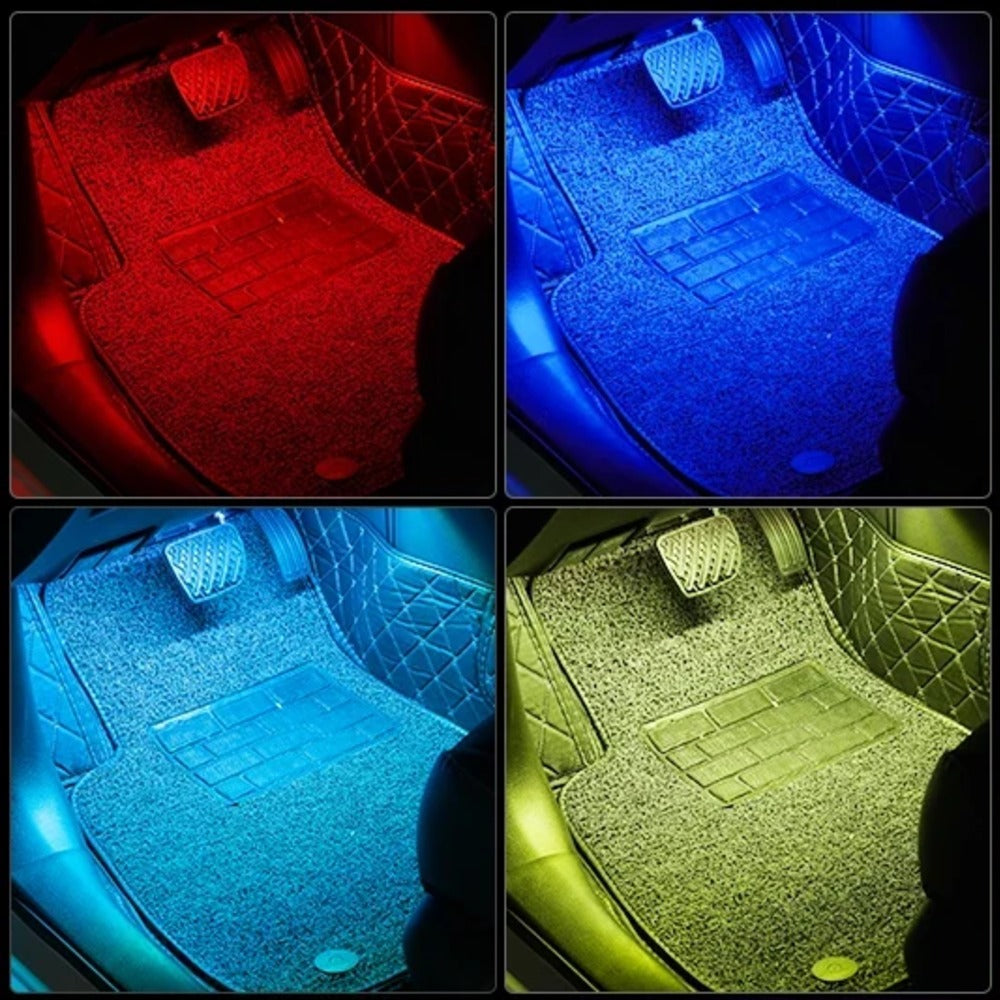 Fussraum eines Autos in Rot, Blau, Hellblau und Gelb beleuchtet