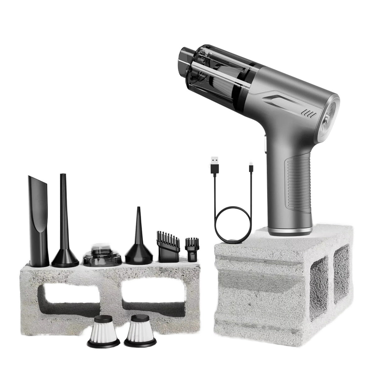 Autostaubsauger Basic in Silber mit Aufsätzen, Ladekabel und zwei Ersatzfiltern