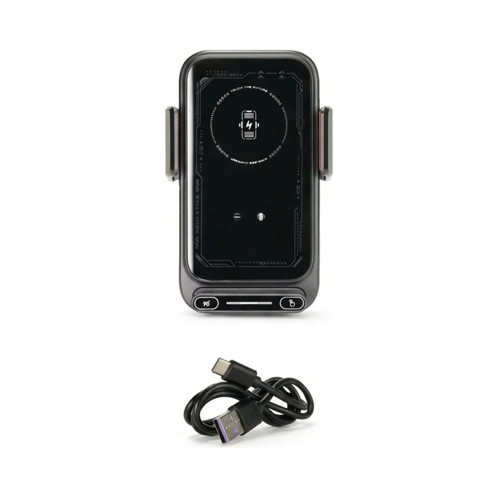 Handyhalterung mit Ladefunktion in Schwarz, daneben das USB-C-Ladekabel, vor weissem Hintergrund