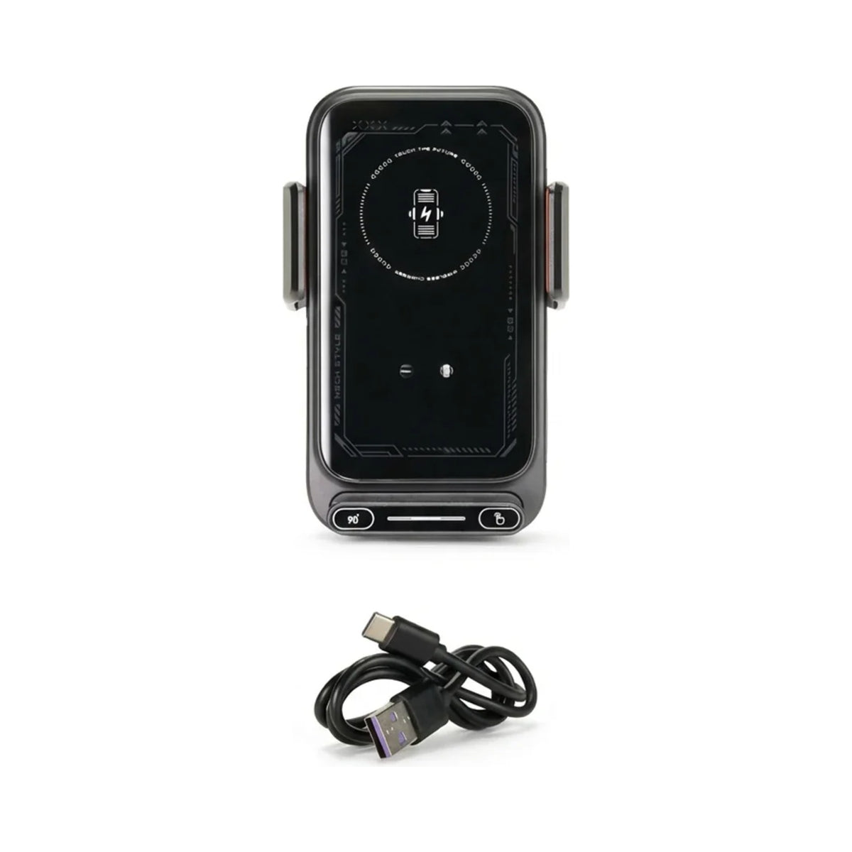 Handyhalterung mit Ladefunktion in Schwarz, daneben das USB-C-Ladekabel, vor weissem Hintergrund